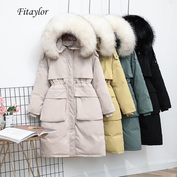 

fitaylor large real raccoon fur collar long down jacket women winter white duck down parka warm loose thickness sash tie up coat 201128, Black