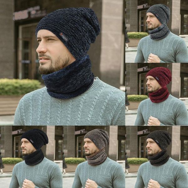 

berets d comfortable and breathable men's winter hat cap collar set plus velvet thick knit muffler for outdoor, fisherman, Blue;gray