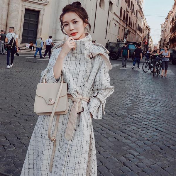 

autumn winter plaid tweed woolen coat jackets women lace-up belt elegant korean ladies fashion female long coat vintage outwears1, Black