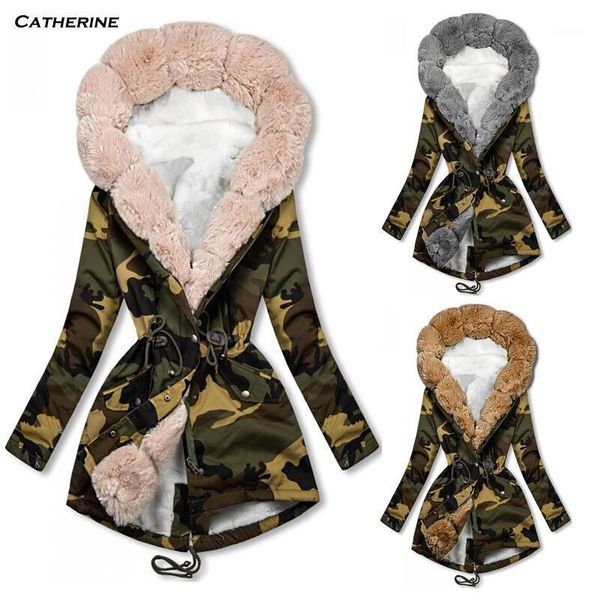 

faux fur collar women camouflage jacket long warm lace-up jacket hooded long-sleeved fur collar casual ladies coat 2020 new1, Black