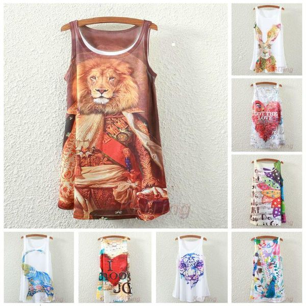 

2015 new fashion vintage spring summer women sleeveless print animal love printing t shirt tee blouse vest tank back white