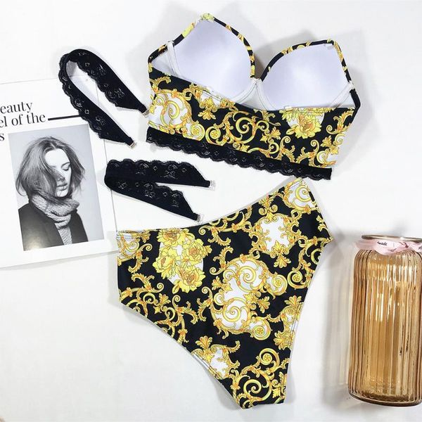 

women swimsuit vintage retro bikini set push up swimwear high waist printed bathing suits summer beach wear swimming suit 83156, White;black