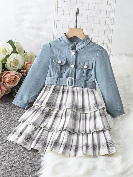 

toddler girls plaid panel layered hem belted shirt dress she, Red;yellow