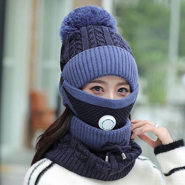 

2020 new 3 pieces set women's knitted hat scarf caps neck warmer winter hat for ladies girls skullies beanies warm fleece caps, Blue;gray