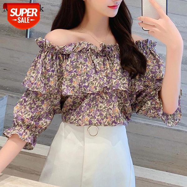 

2021 Korean Vintage Floral Women Blouses Print Short Sleeve Casual Shirts Women Sexy Off Shoulder Blusas De Mujer 9377 50 #Cn1H, White