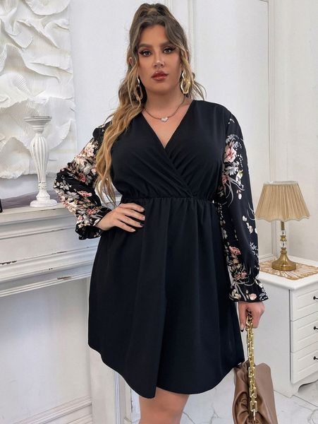 

plus floral print flounce sleeve overlap collar dress f4qk#, Black