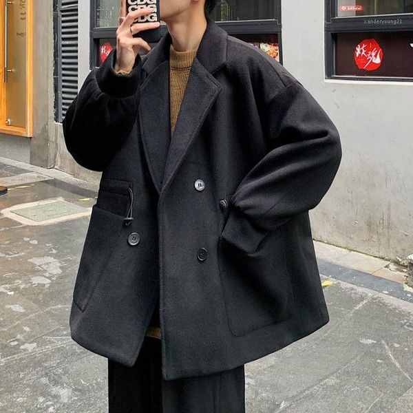

men's wool & blends 2021 autumn and winter youth loose solid color single-breasted woolen coat fashionable casual lapel mid-length, Black