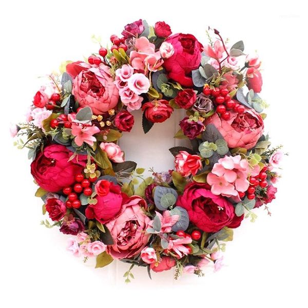 

artificial wreath autumn red peony wreath christmas door ornaments wall hanging home decoration1