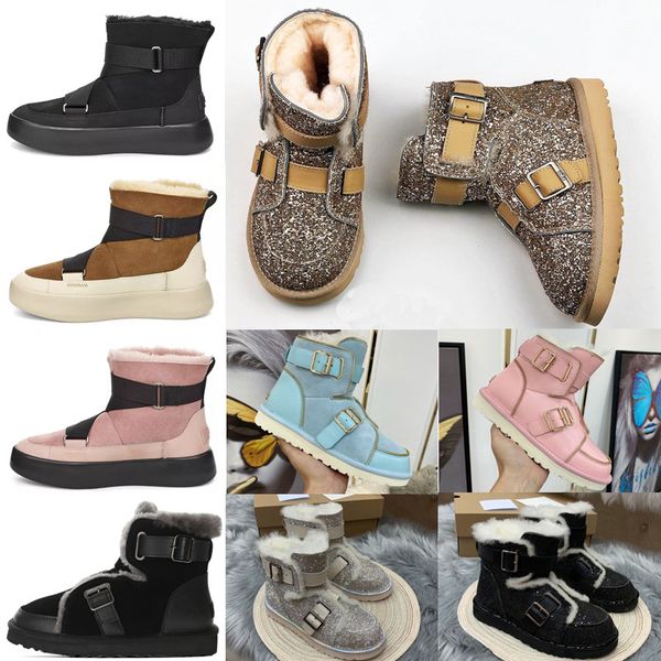 

2021 australia mini women uggs ugg buckle motorccle boot girls bailey bow australian winter fur snow short locomot s8wr#, Black
