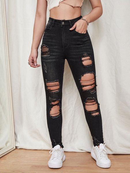 

high waist ripped frayed bleach wash skinny jeans u7pe#, Blue