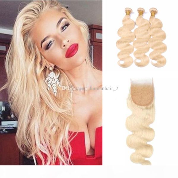 

blonde human hair with bundles body wave lace closure with platinum blonde hair 3 bundles with blonde lace closure brazilian virgin hair, Black;brown