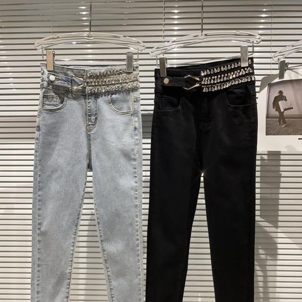 

women's jeans deat 2021 spring arrivals waist water drop diamond skinny england style elastic slim pencil with coated fabric mz020, Blue