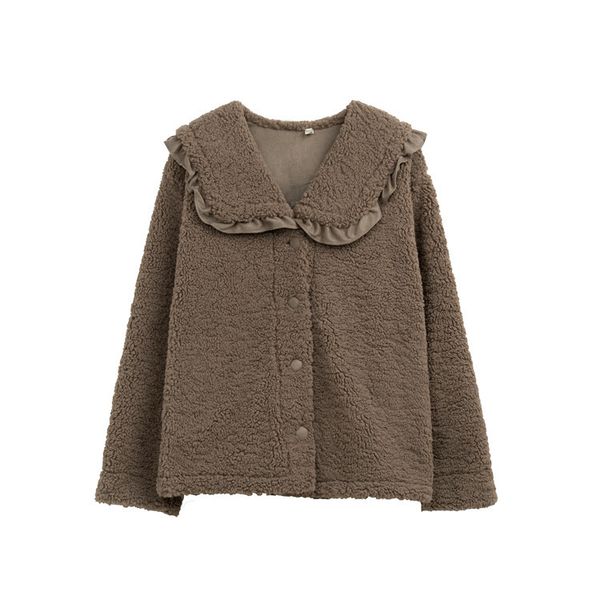 

2021 new winter female doll collar plus size single-breasted plump girls leisure amendment versatile lamb wool sweet short coat pw39, Black;brown