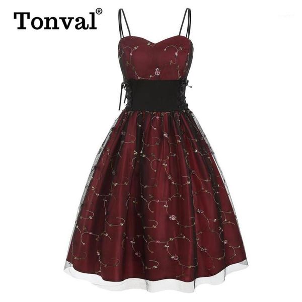 

tonval mesh embroidery lace up side high waist slim vintage dresses women fit and flare elegant party pleated retro cami dress1, Black;gray