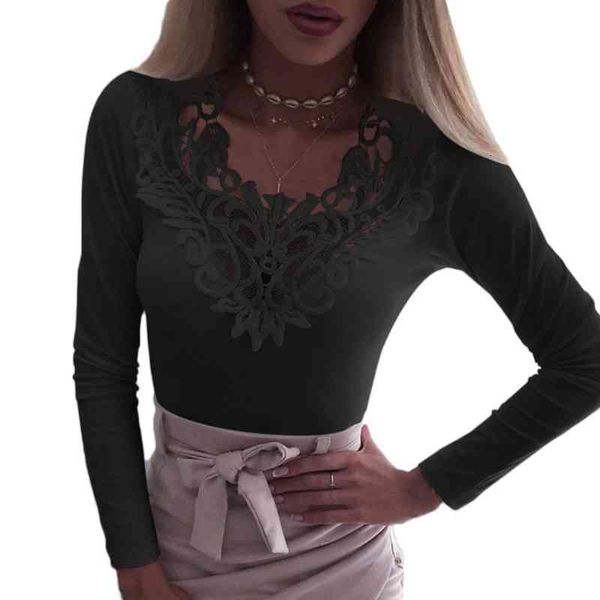 

fashion t-shirt women solid color lace stitching v neck slim plus size t shirt woman clothing, White