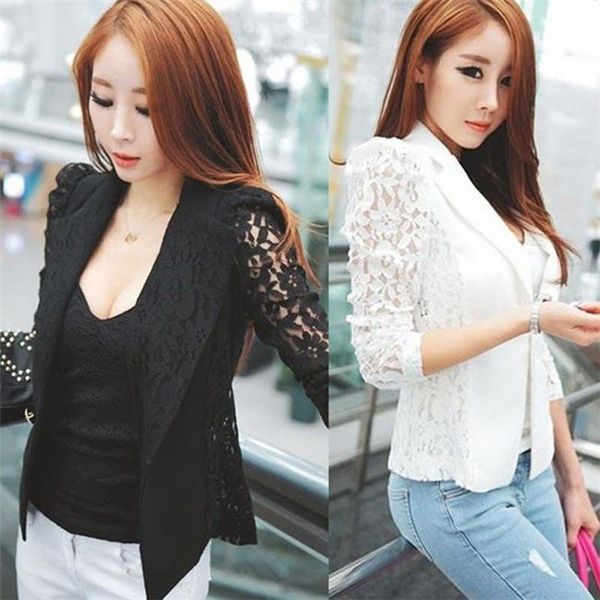 

fashion women's jacket spring fall pure lace floral patchwork slim formal suit jacket suit large size, White;black