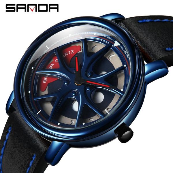 

sanda sell quartz movement men leather watch life waterproof creative car rim hub wheel rotating dial relogio masculino wmtbrw, Silver