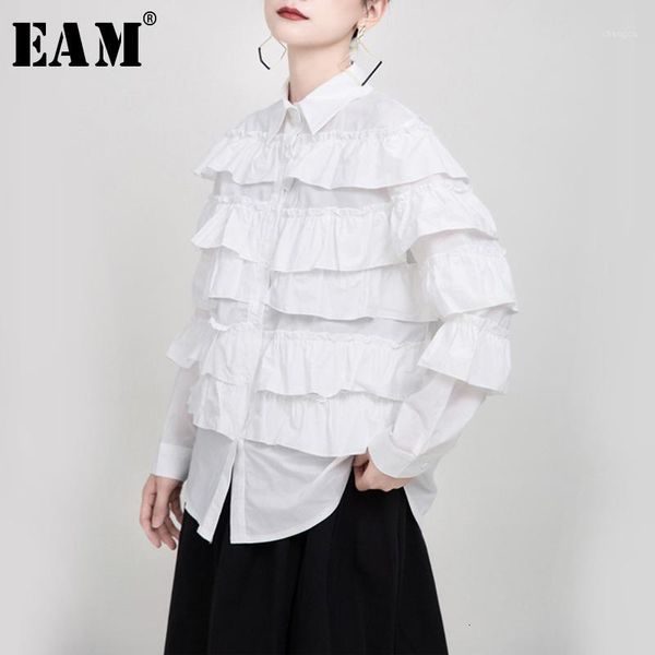 

eam] women white lalyers ruffles split blouse new lapel long sleeve loose fit shirt fashion tide spring autumn 2020 1n2091