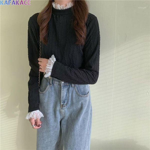 

kafakace 2020 women t-shirt floral elastic spliced lace turtleneck &tees long sleeve casual show thin pullover women 1, White
