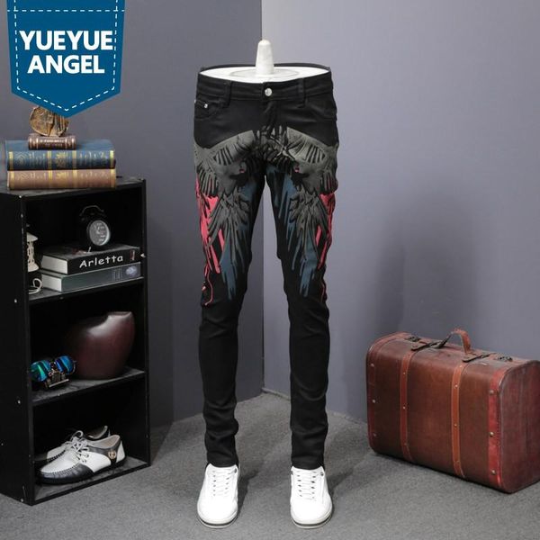 

black print slim fit straight jeans men fashion zipper hip hop denim trousers club pantalon homme party jeans, Blue
