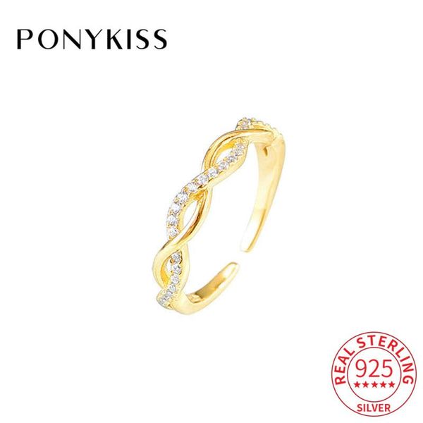 

cluster rings ponykiss s925 trendy sterling silver twist cross zircon adjustable openning minimlist ring women jewelry accessory party gift, Golden;silver