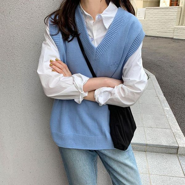 

8 colors 2021 japanese preppy style embroidery sleeveless v neck knitted loose vest sweaters womens knitted sweaters (x1135)1, White;black
