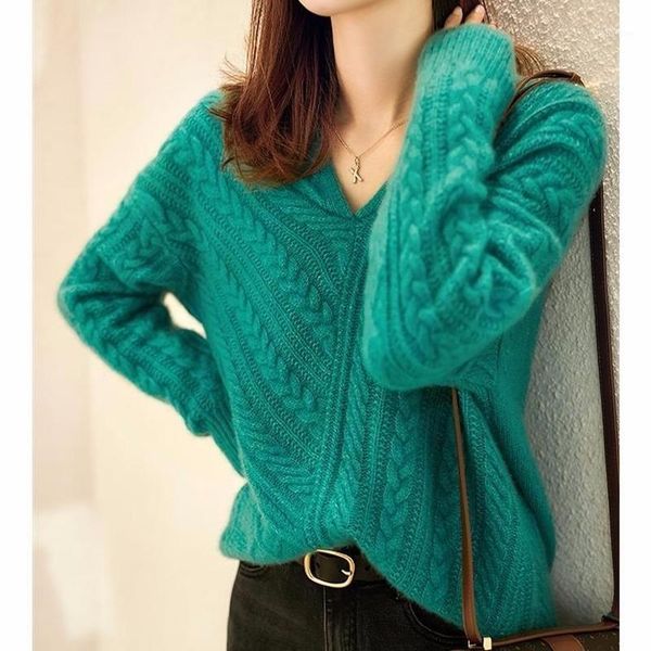 

2020 spring and autumn new lazy wind sweater women loose pull-up v-neck sweater female twist retro bottoming shirt women1, White;black