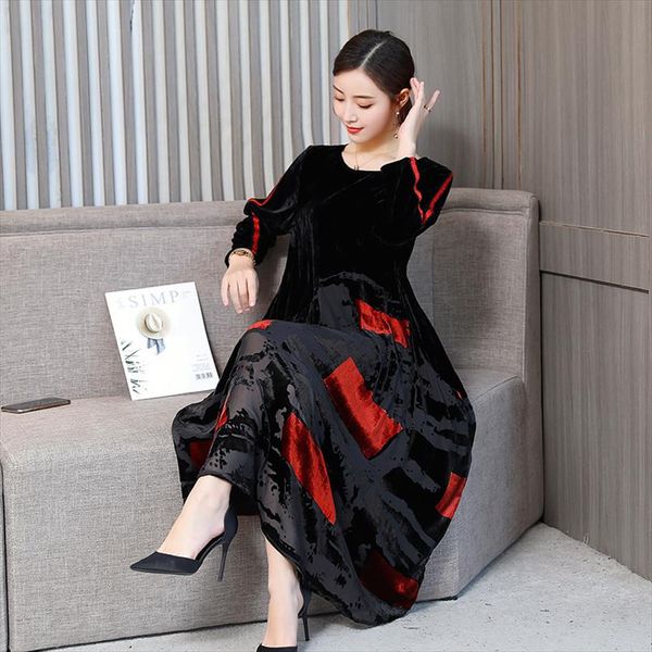 

women plus size dresses  4xl new autumn winter loose fashion print woman long maxi dress elegant robe vintage velvet dresses, Black;gray