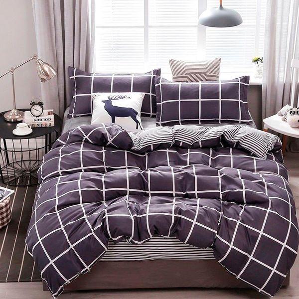 

bedding sets fashionable and contracted gray checked set soft comfortable quilt cover bed sheet pillowcase cover1