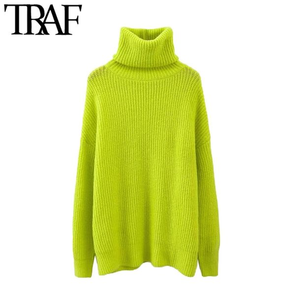 

traf women sweater vintage stylish oversized knitted sweaters fashion turtleneck long sleeve loose ladies pullovers pull femme 201111, White;black
