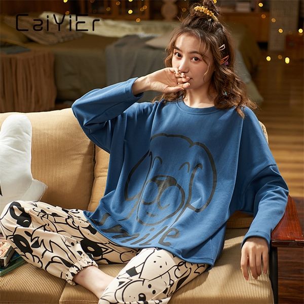 CAIYIER Neue Frauen Pyjamas Set Schöne Katze Druck Baumwolle Nachtwäsche Langarm + Hose Nachtwäsche Mädchen Mode Winter Homewear 201217