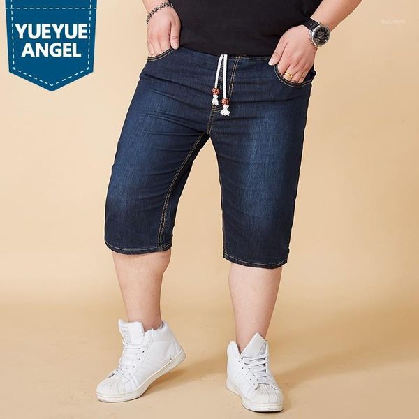 

mens plus size summer fashion elastic waist stretch jeans knee length drawstring breeches baggy short pants roupa masculina1, Blue