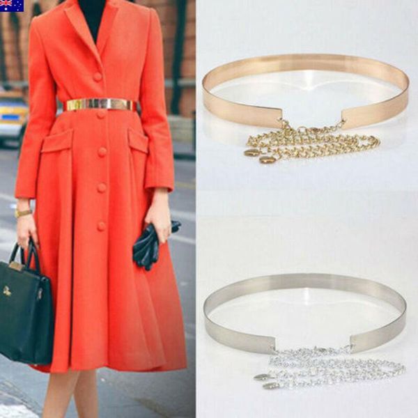 

fashion women adjustable metal waist belt metallic bling gold plate slim simple belt, Black;brown