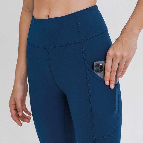 

l-27 yoga leggings side pocket pants gym clothes women panties workout legging high waist elastic running fitness capris tight, Black