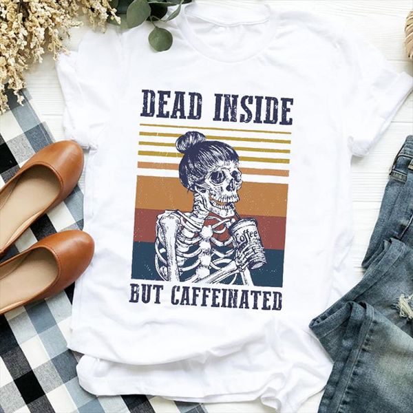 

women lady cartoon skull coffee funny thanksgiving halloween print tshirt female t tee womens shirt clothes graphic t shirt, White