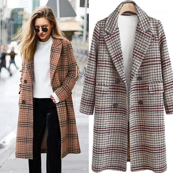 

women's 2020 autumn and winter large size long plaid woolen long coat woolen coats and jackets women fashion plus size trench1, Black