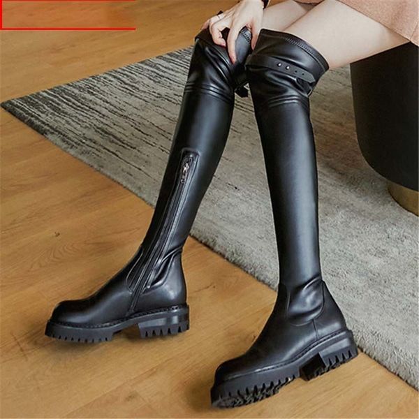 

morazora 2021 de couro genuno salto baixo dedo do p redondo cor preta femininas inverno manter quente sobre o joelho botas, Black;brown