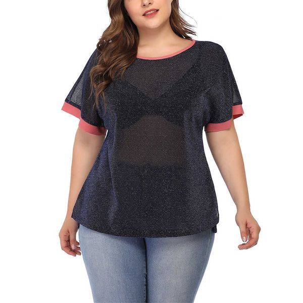 

women's plus see-through black t-shirts summer perspective casual loose short sleeve t-shirt for big size lady, White