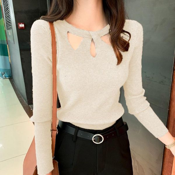 

women's hollow slim stretch small pullover solid color sweater slim bottoming shirt sweater ladies 2021 new autumn winter, White;black