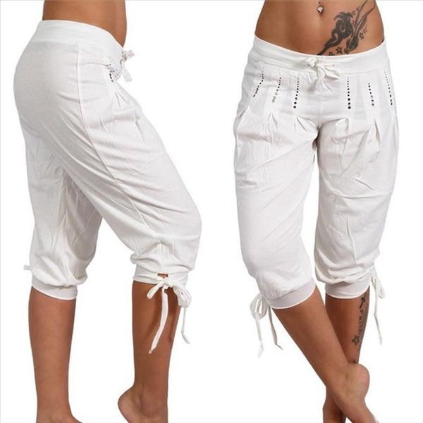 

summer casual trousers plus size casual womens solid color sequined pleated drawstring capri pants harem pants pants for men, Black;white