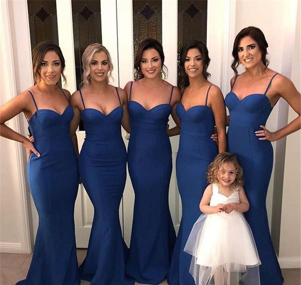 Плюс размер дешевые простые темно-синие русалка невесты платья для подружки невесты спагетти сатин свадьба гостевая платье горничная честь платья Vestidos
