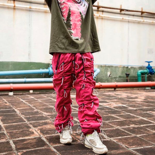 

99% is designer mens womens hiphop bungee cord pants streetwear 99percentis loose trousers, Black