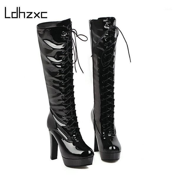 

boots ldhzxc women knee high round toe heel platform zip lace up autumn winter party prom shoes woman1, Black