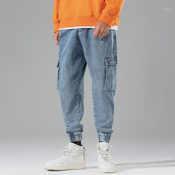 

men's jeans 09 men's pants 2021 summer thin youth simple wash big pocket pin overalls1, Blue