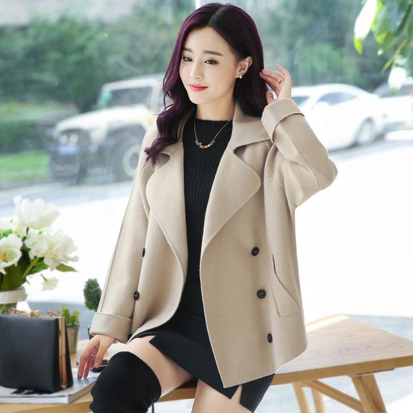 

women's wool & blends 2021 korean autumn winter loose lapel slim short woolen blend jacket women coat large size ladies outwear casual, Black