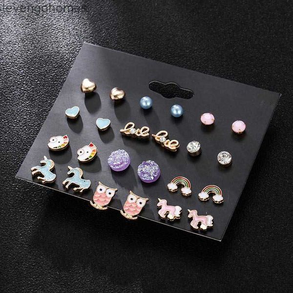 

rainbow pearl earrings unicorn women's set fashion alloy oil dripping jewelry, Golden