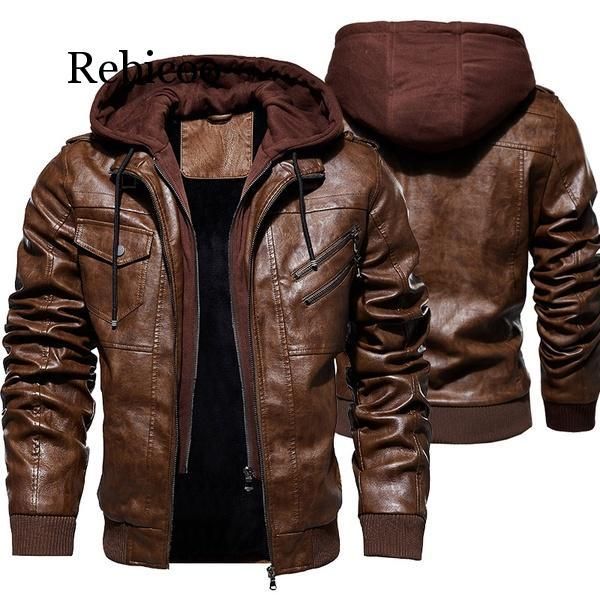 

winter leather jacket men hooded pu jackets male outwear warm plus faux leather jackets classic motorcycle jacket, Black