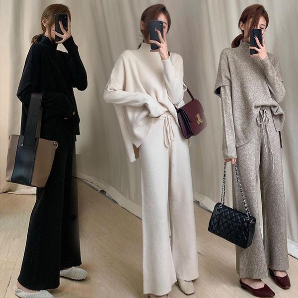 

women's tracksuits winter 3 piece set women sweater knitted long sleeve pullover knitwear and pants suit outwear solid suits for ladies, Gray
