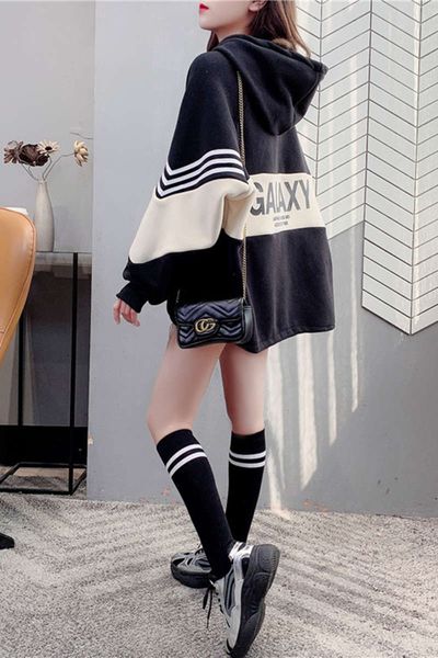 

hooded sweater women's plush medium length casual and lazy style, Black