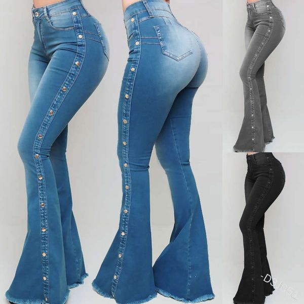 

high waisted elastic classic women's mopping jeans flared pants d3j051, Blue
